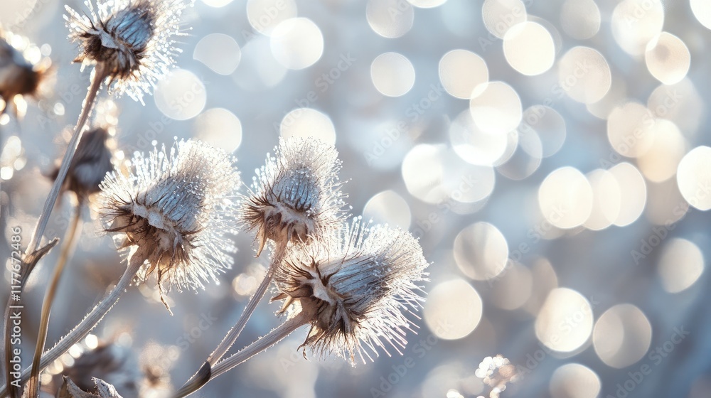 Poster abstract close up of burdock and spindle plants with shimmering silver bokeh background creating a w