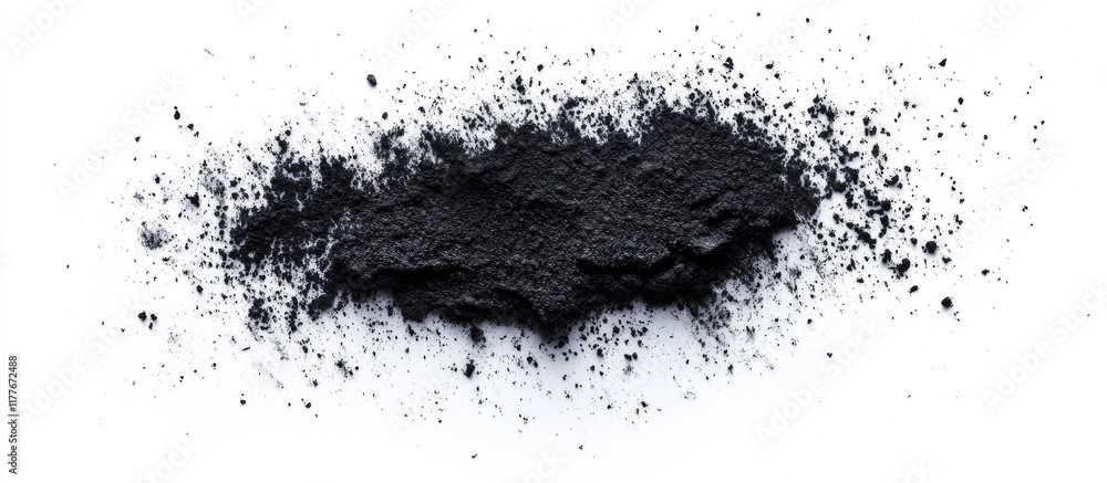 Poster black charcoal powder spilled on a white background creating a textured pattern with ample copyspace