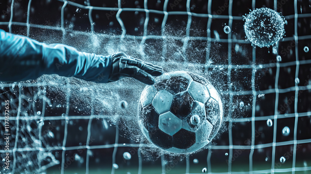 Poster goalkeeper of the particles. the goalkeeper knocks the ball consists of points and circles. vector i
