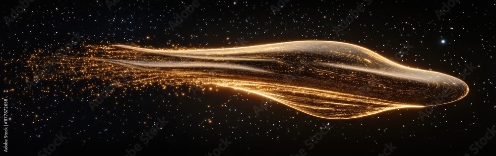 Poster mystical spaceship gliding through a cosmic landscape filled with stars and golden trails in deep sp