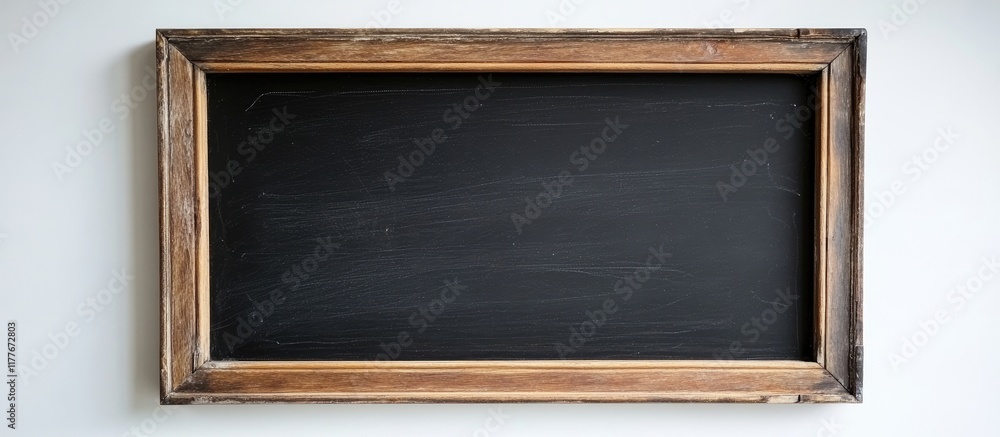 Poster rustic black chalkboard frame with wooden border against a white background empty space for custom t