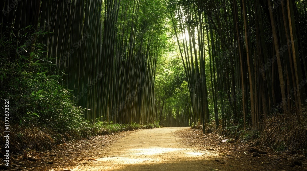 Aufkleber serene bamboo forest pathway inviting exploration and tranquility in lush greenery with gentle sunli