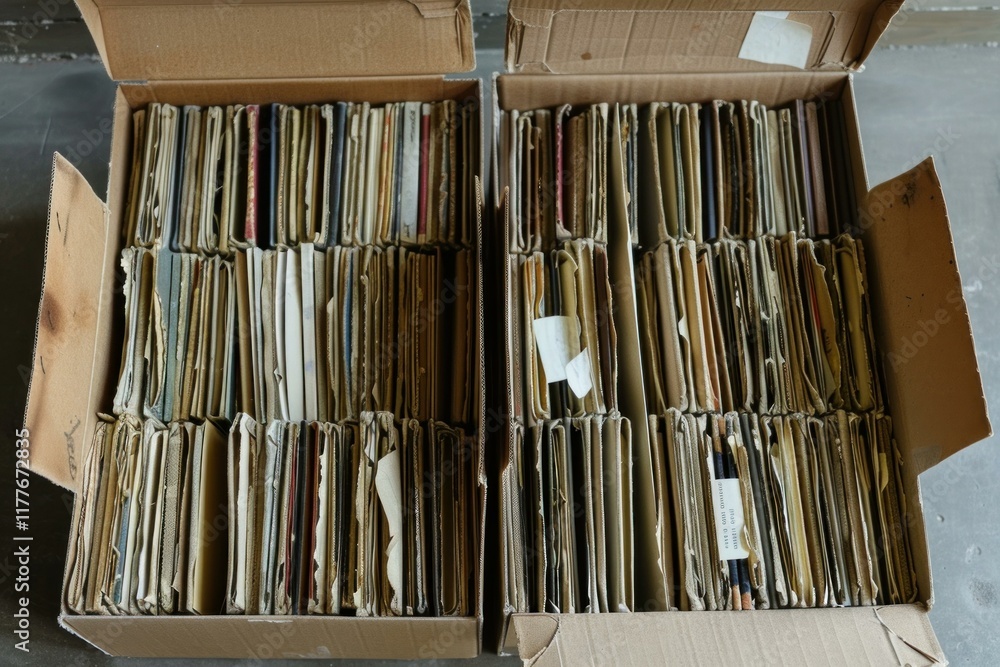 Poster stacked old files are being stored in cardboard boxes for archiving purposes