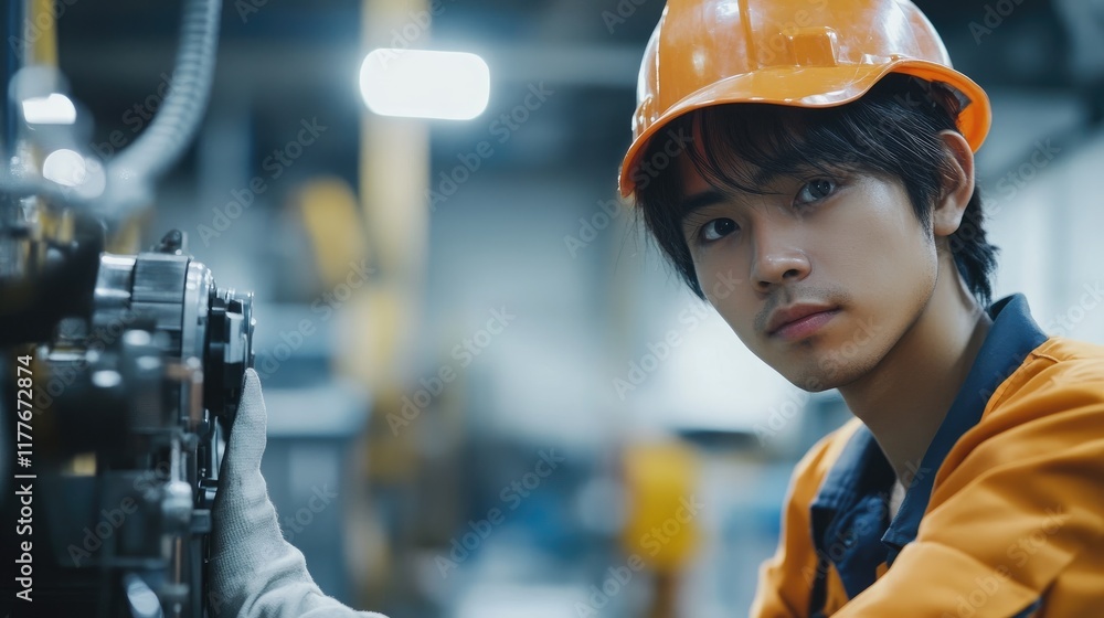 Aufkleber technician performing maintenance on robotics control systems in an industrial factory setting with 