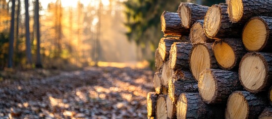 Banner of stacked wooden logs in serene forest setting with empty space for text and natural lighting enhancing the tranquil atmosphere