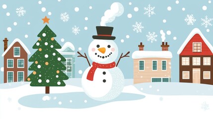 Happy snowman winter village Christmas card