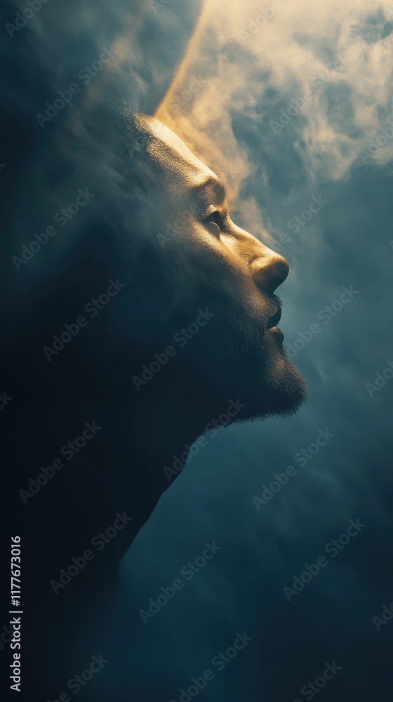 Aufkleber mystical profile of a man illuminated by soft smoke in a darkened space