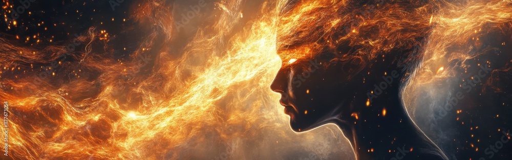 Poster Mystical profile of a man with fiery elements illustrating creativity and transformation in a cosmic setting