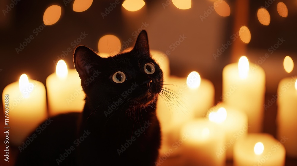 Poster black cat surrounded by glowing candles creating a warm and mysterious atmosphere in a softly blurre