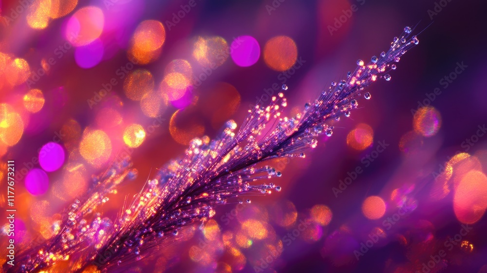 Poster colorful bokeh effect with shimmering droplets on a delicate branch creating a dreamy abstract backg