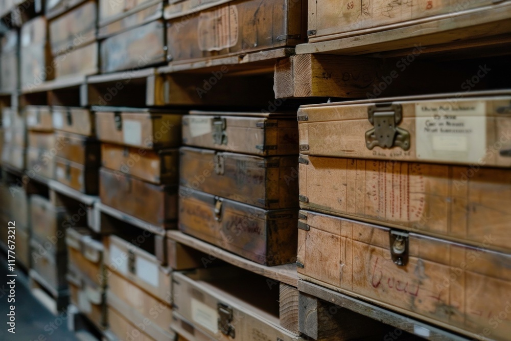 Poster rows of vintage wooden crates with metal handles and labels are stacked high in an archive storage r