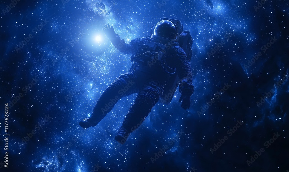Poster astronaut floating in cosmic space with stars and nebulae surrounding