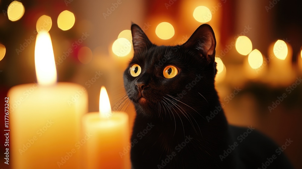 Poster Black cat with bright eyes surrounded by softly lit candles creating a warm and cozy atmosphere in a blurred background setting