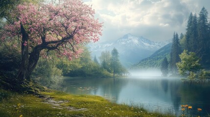 Fototapeta premium Serene lakeside landscape with blooming pink trees and majestic mountains under cloudy skies