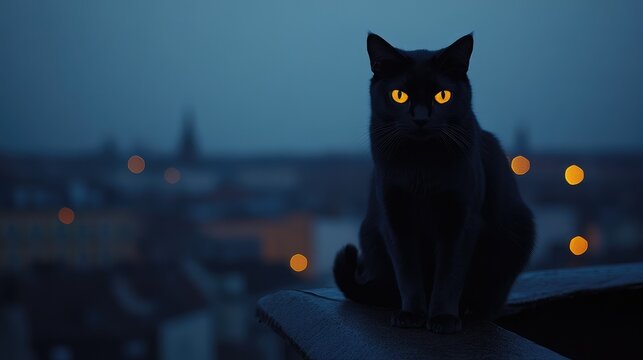 Mysterious black cat with glowing yellow eyes sitting on a rooftop at night with city lights in the background ideal for text overlay - Powered by Adobe