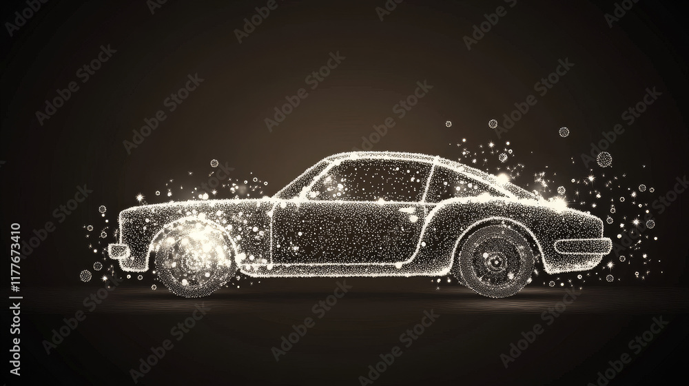 Poster car from the particles. car consists of small circles and dots. vector illustration..