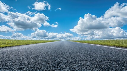 Asphalt road stretching towards the horizon under a vibrant blue sky with fluffy clouds symbolizing adventure and open travel possibilities