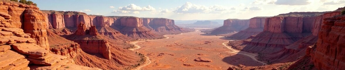 Rocky terrain with red rock formations amidst desert landscape, desert landscape, canyons