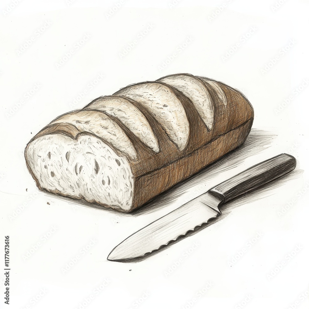 Poster Freshly baked loaf of bread with a sharp knife ready for slicing on a clean surface
