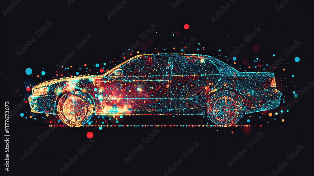 Poster car from the particles. car consists of small circles and dots. vector illustration..