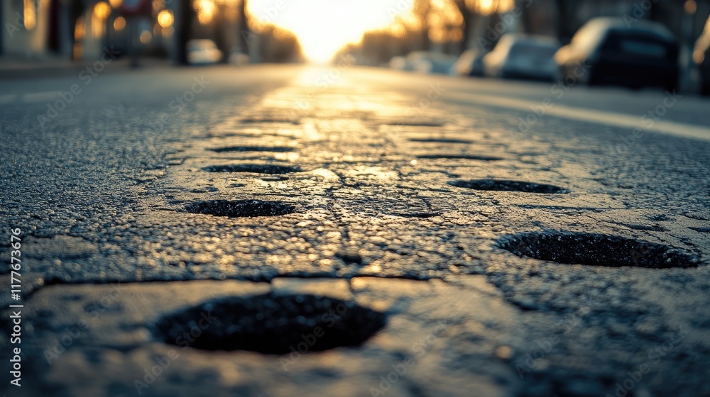 Poster asphalt road with potholes in urban setting with sunset light creating a dynamic background for tran