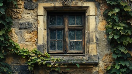 Historic window framed by ivy on a stone wall showcasing vintage architecture and natural elements in a quaint, serene setting.