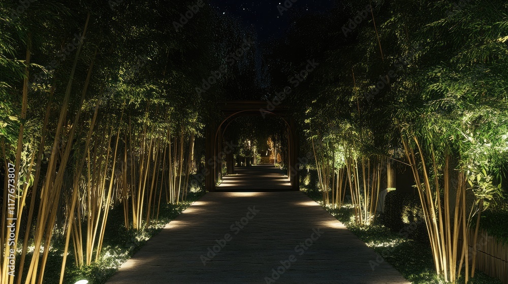 Poster serene bamboo grove illuminated path at night creating a tranquil and enchanting atmosphere for peac