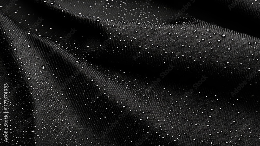 Poster black canvas fabric texture with water droplets creating a sleek and modern macro background for var