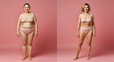 Body positivity and transformation of caucasian females on pink background