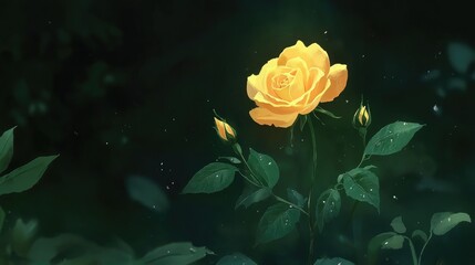 Vibrant yellow rose partially open in a lush garden setting surrounded by greenery and delicate raindrops.