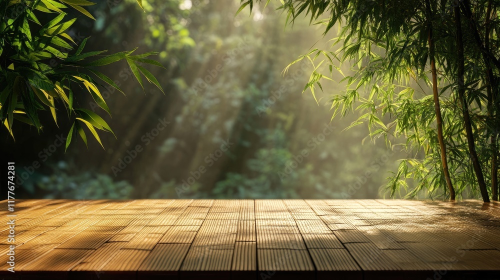 Poster serene bamboo table surface with soft sunlight filtering through lush foliage creating a peaceful na