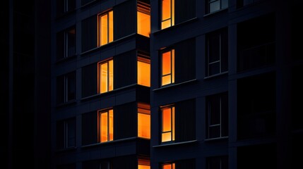 Illuminated Apartment Building at Night: Glowing Windows in the Dark Cityscape