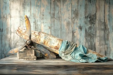 Rusty airplane propeller and fuselage resting on weathered wood with a teal cloth.