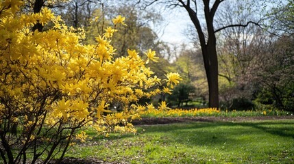 Fototapeta premium Vibrant yellow blossoms in a serene park setting with lush greenery and sunlight filtering through trees