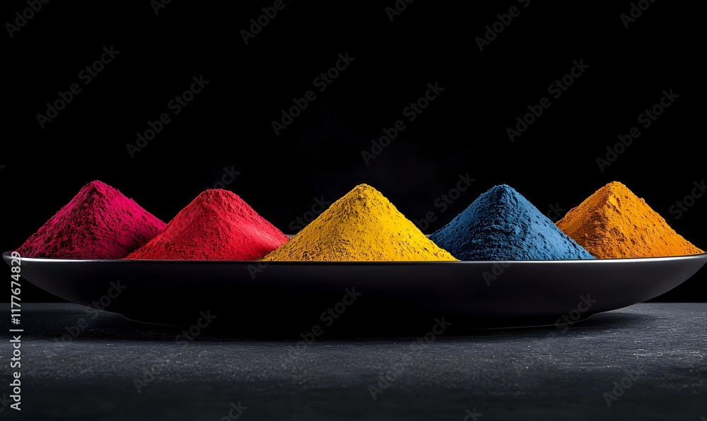 Poster vibrant spices display, a close-up view showcasing an array of colorful spices arranged artfully on 