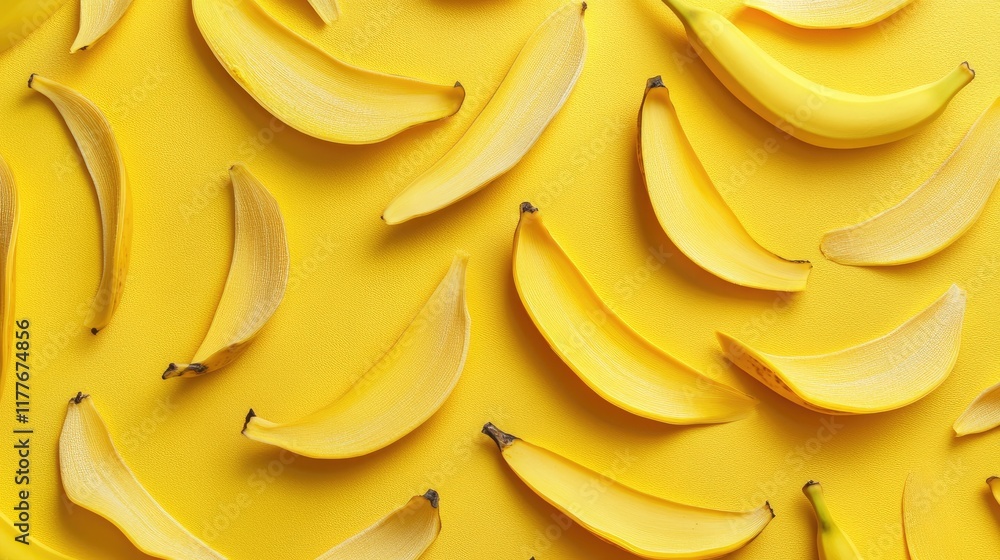 Poster banana slices arranged on vibrant yellow background creating a fun and playful atmosphere