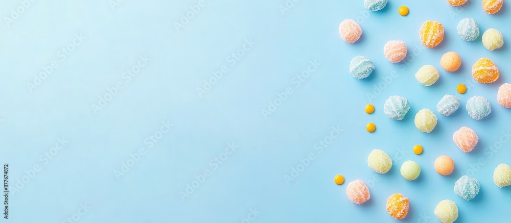 Poster colorful candy assortment on a blue background flat lay with ample empty space for creative text or 