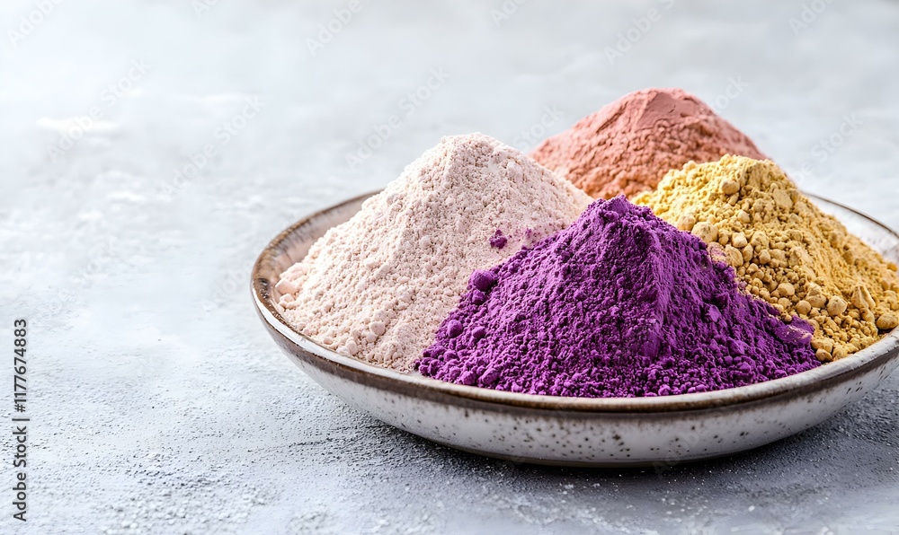 Poster vibrant spice medley, a close-up view showcasing an array of colorful powders arranged artfully on a