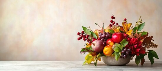 Thanksgiving Table Centerpiece with Autumn Fruits and Leaves Featuring Space for Personalized Text or Messages