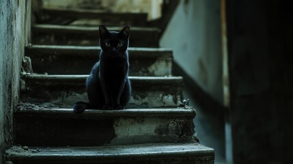 Mysterious black cat perched on old stairs illuminated by dim light creating an eerie atmosphere with space for text insertion