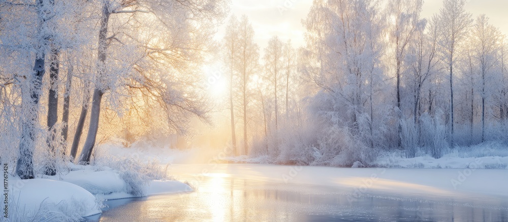 Poster serene winter landscape with frosty trees by calm river and soft sunlight offering space for text or