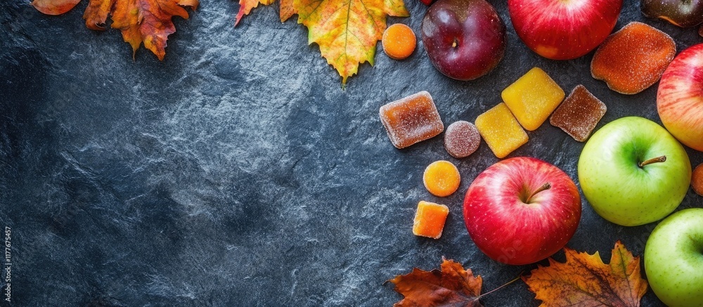 Aufkleber autumn sweets and fresh apples arranged on stone table with colorful leaves and blank space for text