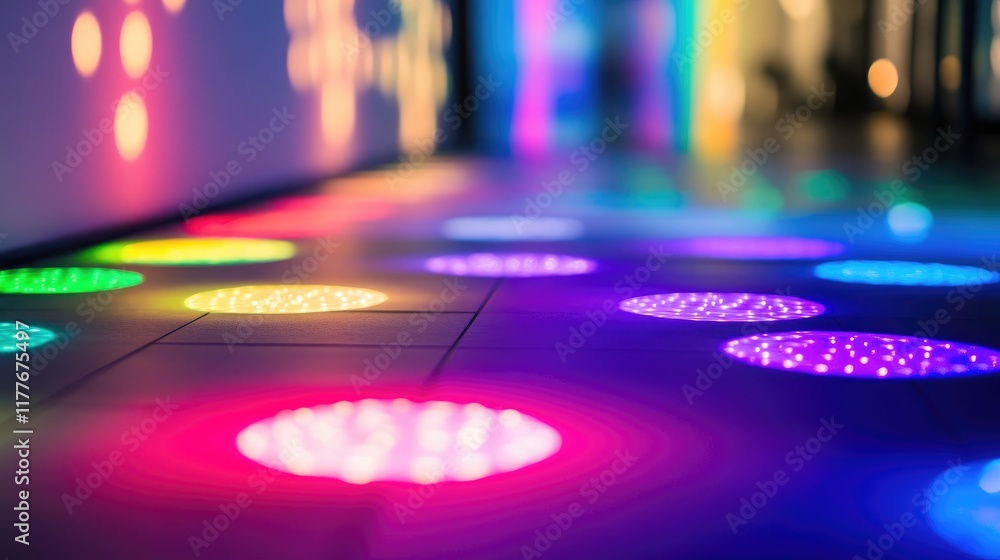 Poster colorful bokeh floor lights creating a vibrant atmosphere in a modern space with dynamic reflections