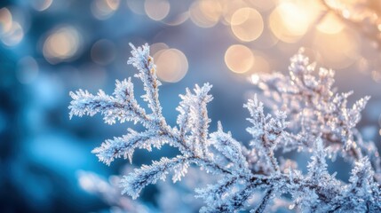 Frosty branches glisten in icy blue light as winter's chill blankets the landscape