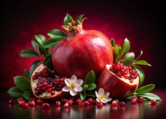 Ripe Pomegranate with Blossoms and Leaves on Red Background - Stock Photo