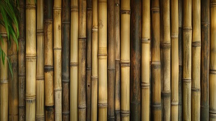 Fototapeta premium Natural bamboo fence texture background with vertical poles showcasing earthy tones and a rustic aesthetic. Perfect for eco-themed designs.