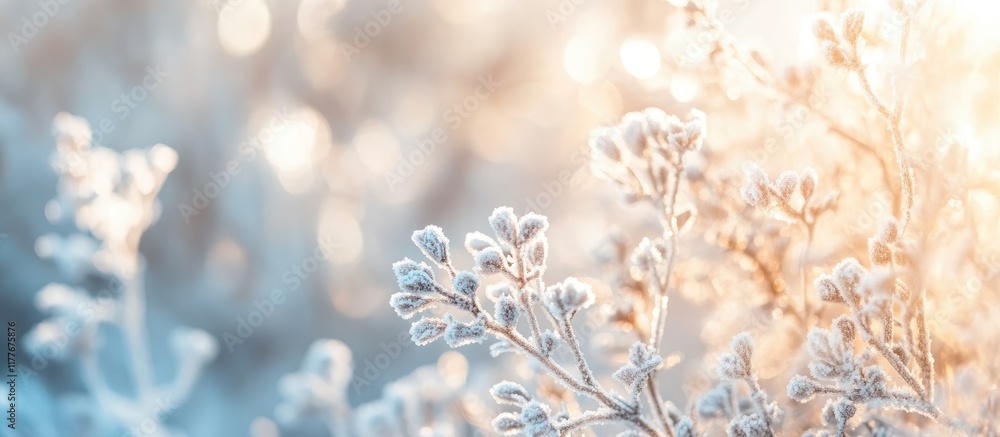 Poster frozen flowering plant background with gentle frost and soft light creating serene atmosphere ideal 