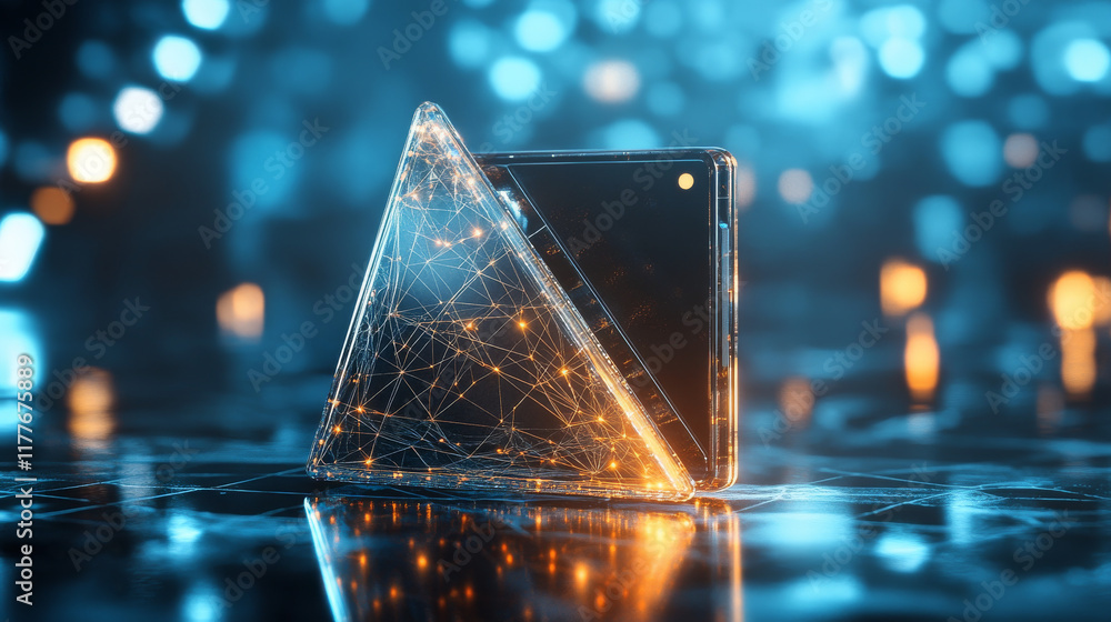 Poster hologram crypto wallet. crypto wallet made of polygons, triangles, dots, and lines. low-poly crypto 