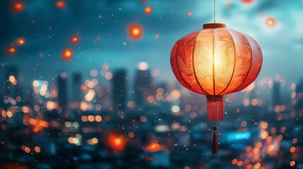 Obraz premium Vibrant Red Lantern Hanging Against a Blurry Cityscape Background