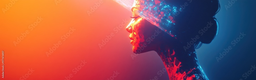 Poster silhouette of a woman illuminated with vibrant colors during an artistic conceptual display at dusk